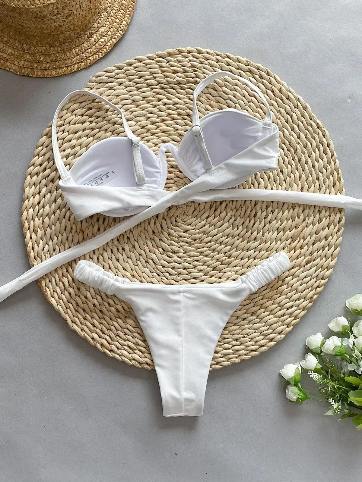 Sexy 3d flor conjunto de biquíni 2025 feminino preto branco v fio underwired micro mini maiô praia maiô plissado tanga banho