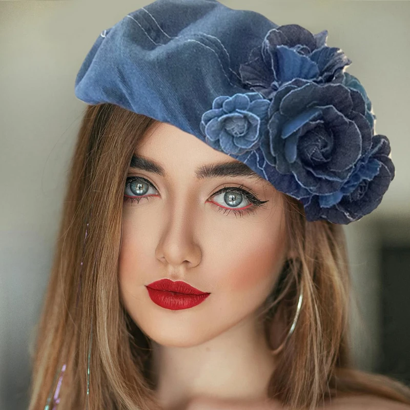 

Flower Denim Beret Hats Spring Autumn Retro Casual Versatile Caps Women Trendy Camellia Painter Caps Casual Cotton Beanie Hats