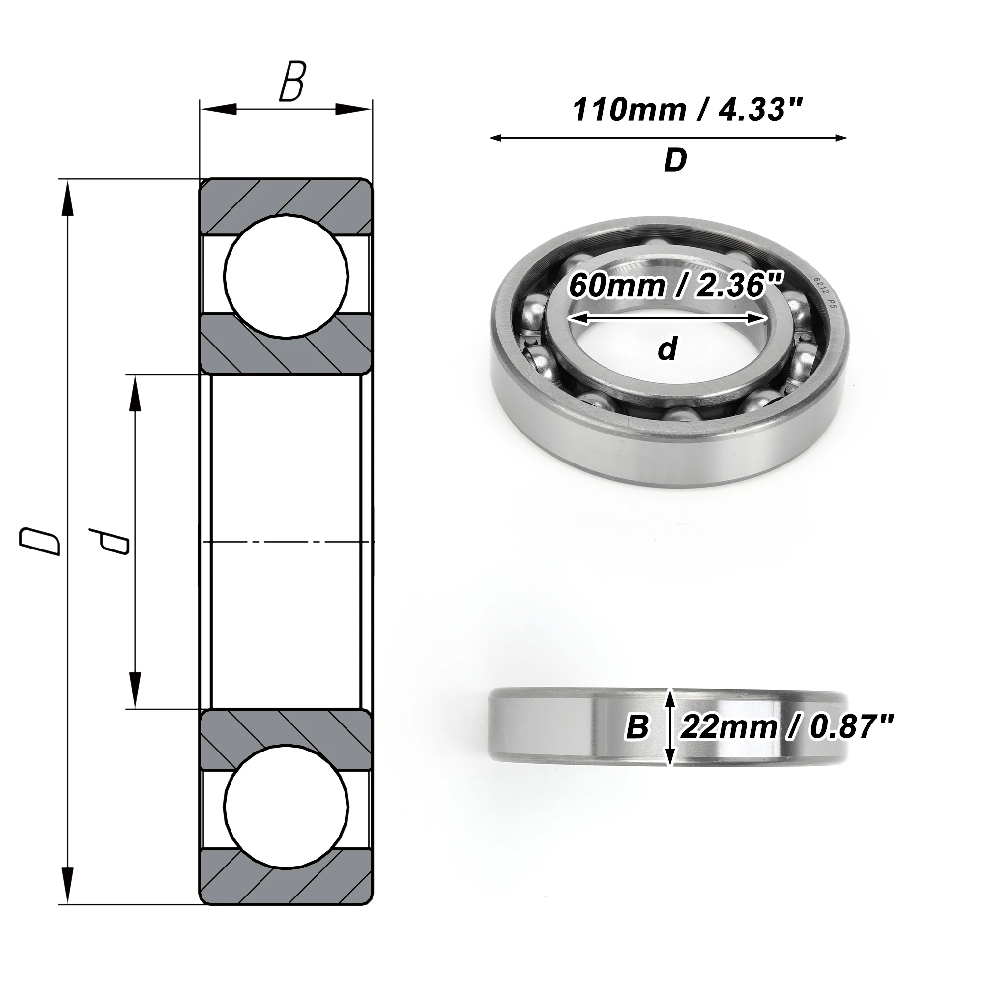 Motoforti 6212 & Deep Groove Ball Bearings P5 60x110x22mm Lubricated Bearings Open Type Silver Tone Scooter Skateboard Wheel