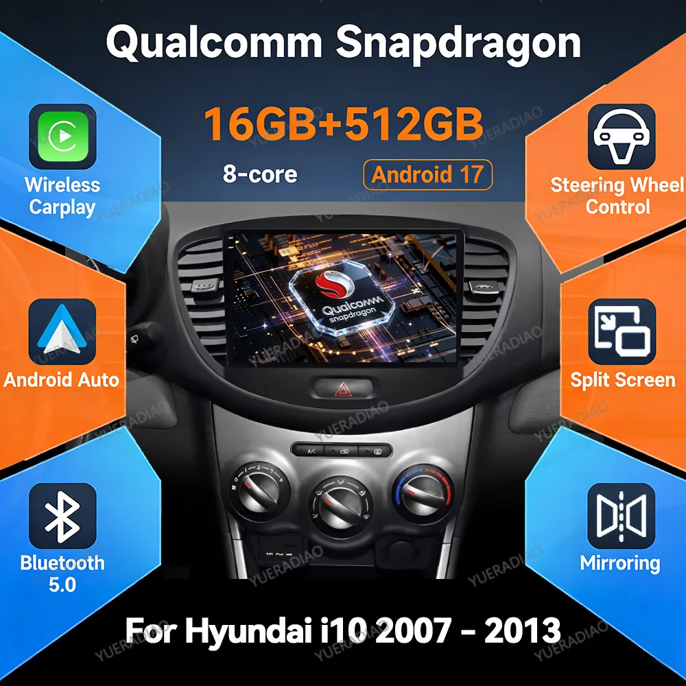 Android 17 Car Radio For Hyundai I10 2007 2008 2009 2010 - 2013 SWC Backup Camera Carplay Multimedia Central Head Unit GPS NAVI