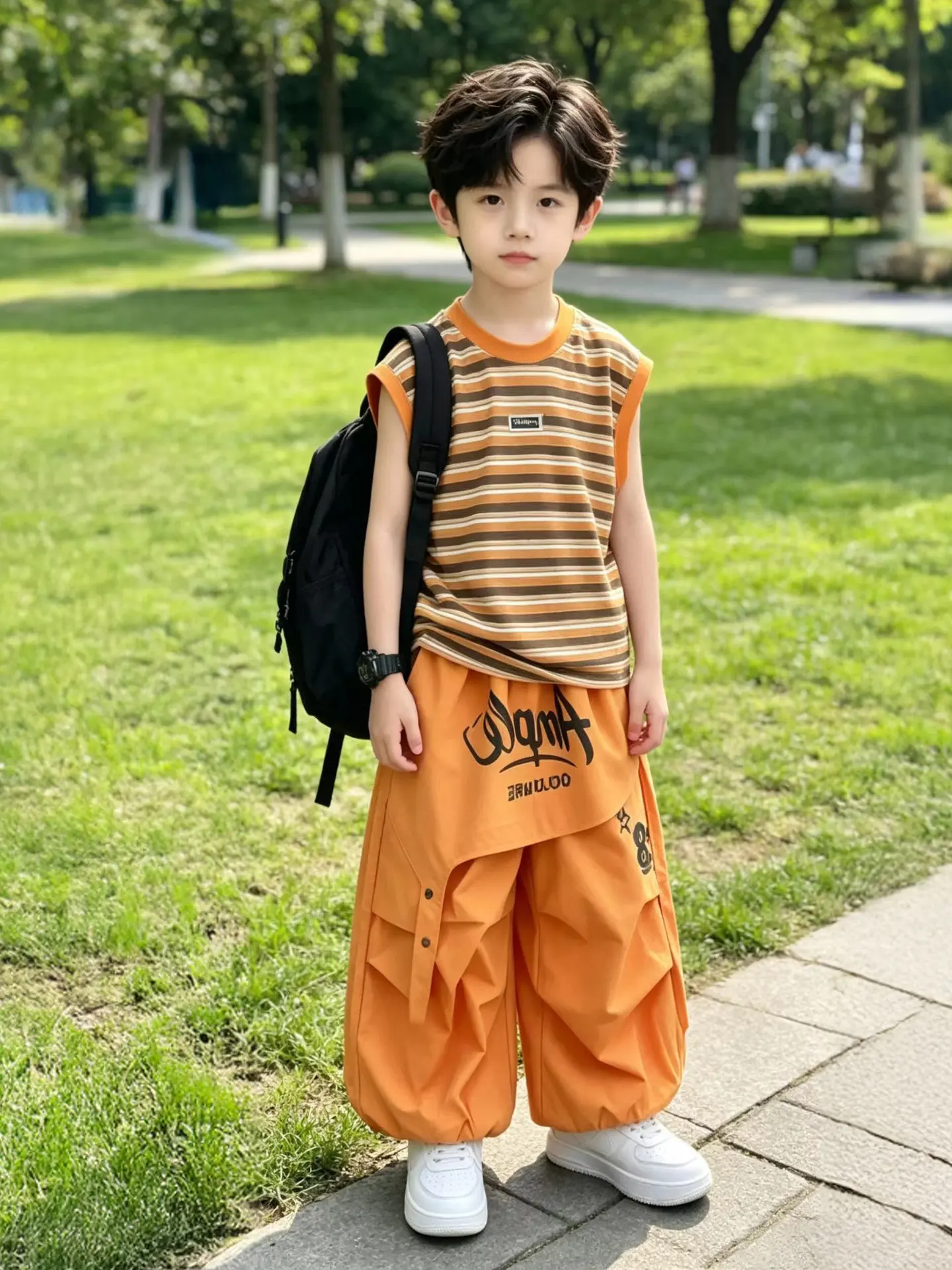 男の子用サマースリーブレスストライプセット-薄手カジュアル子供服-ツーピーススーツ-通気性抜群-快適な男の子用アウトフィット