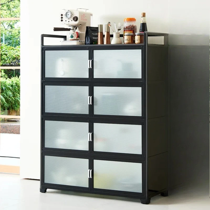 Modern Dining Room Sideboard Tempered Glass Doors and Aluminum Alloy Frame Spacious Storage Cabinet for Kitchen or Living Room