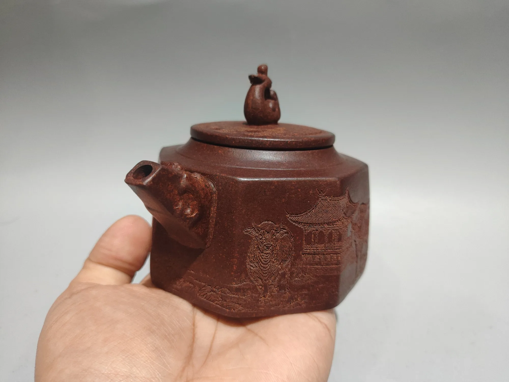 Purple Clay Pot Eight sided Five Ox Diagram Pot Phoenix statue lid pot Teapot Kettle Tasting tea ceremony Ornaments