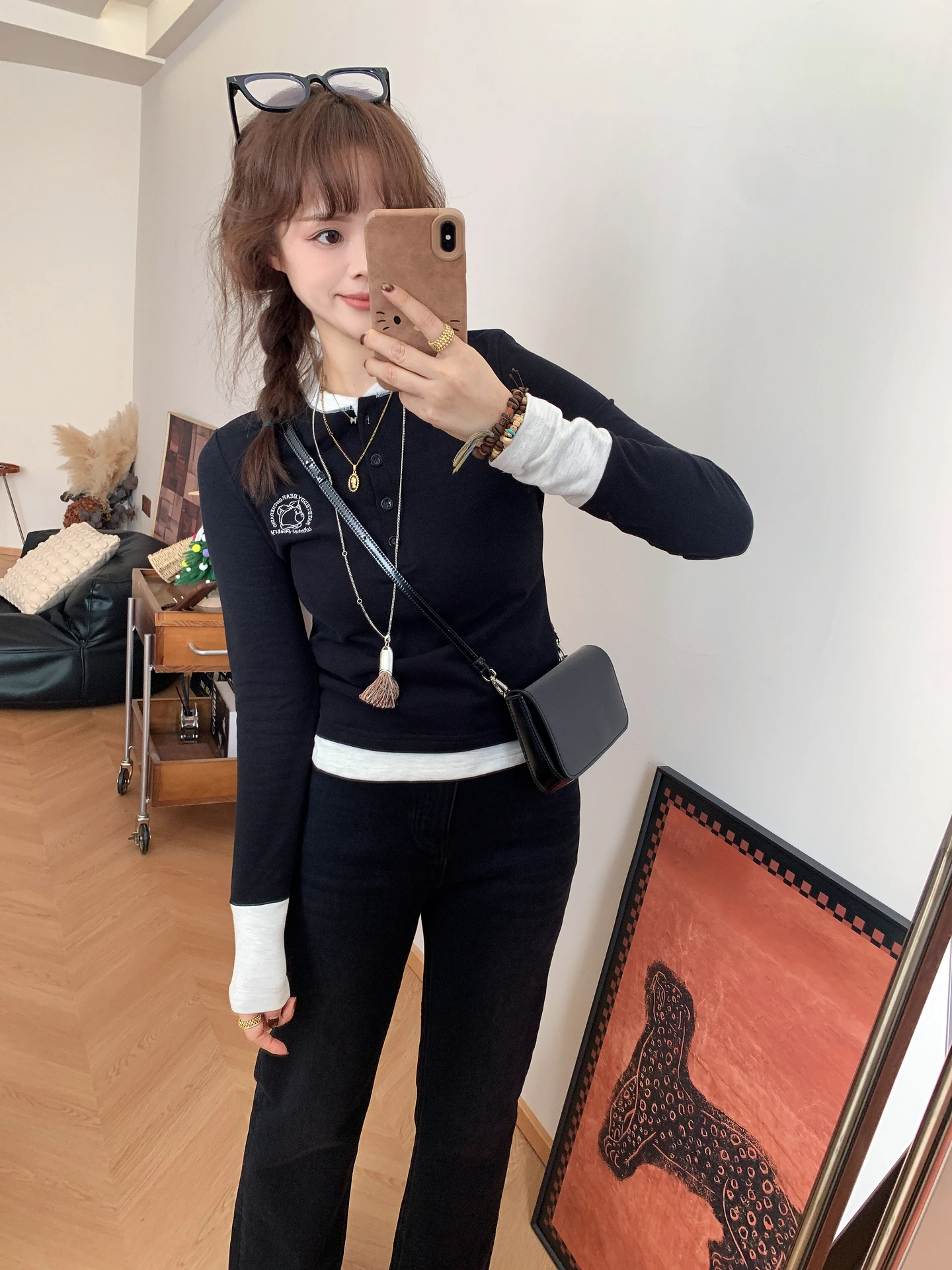 

Korean Sle Henry Collar f Button Thiened Floing Long Sve T irt Retro Color Blo Slim Fit Women's New 2025