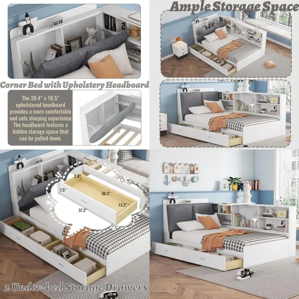 

Twin Size Duxelliin Bed with Storage Drawers, Solid Wood Platform, Upholstered Headboard, Rotatable Desk and Bookcase, Kids' Sto