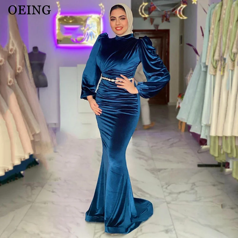 OEING Blue Muslim Arabic Women Evening Dresses Long High Neck Velvet Glitter Silk Formal Prom Gowns Formal Occasion Dress