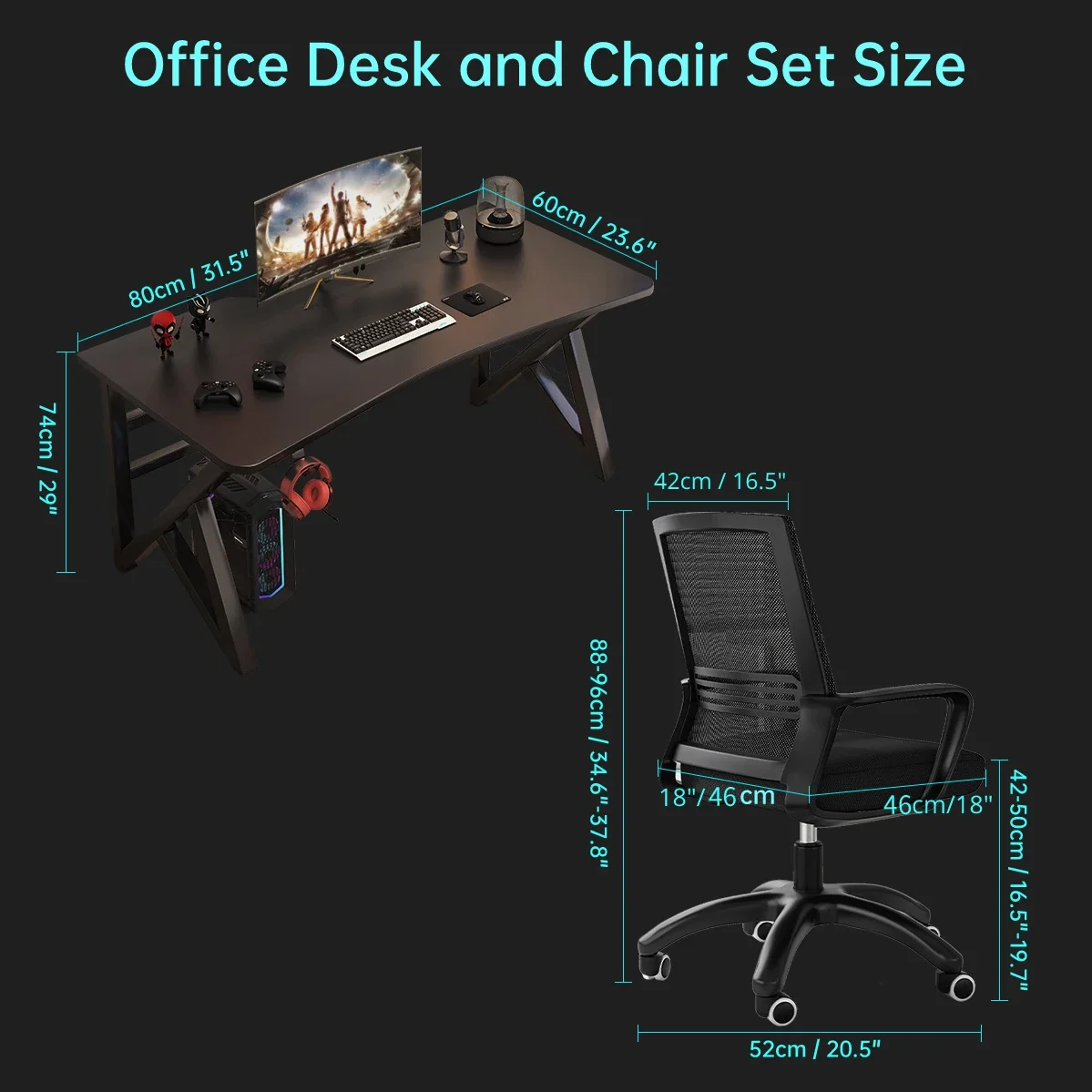 De ordenador de escritorio y silla 31,5 pulgadas para oficina en casa, escritorio ergonómico para juegos, mesa de estudio para estudiantes, estación