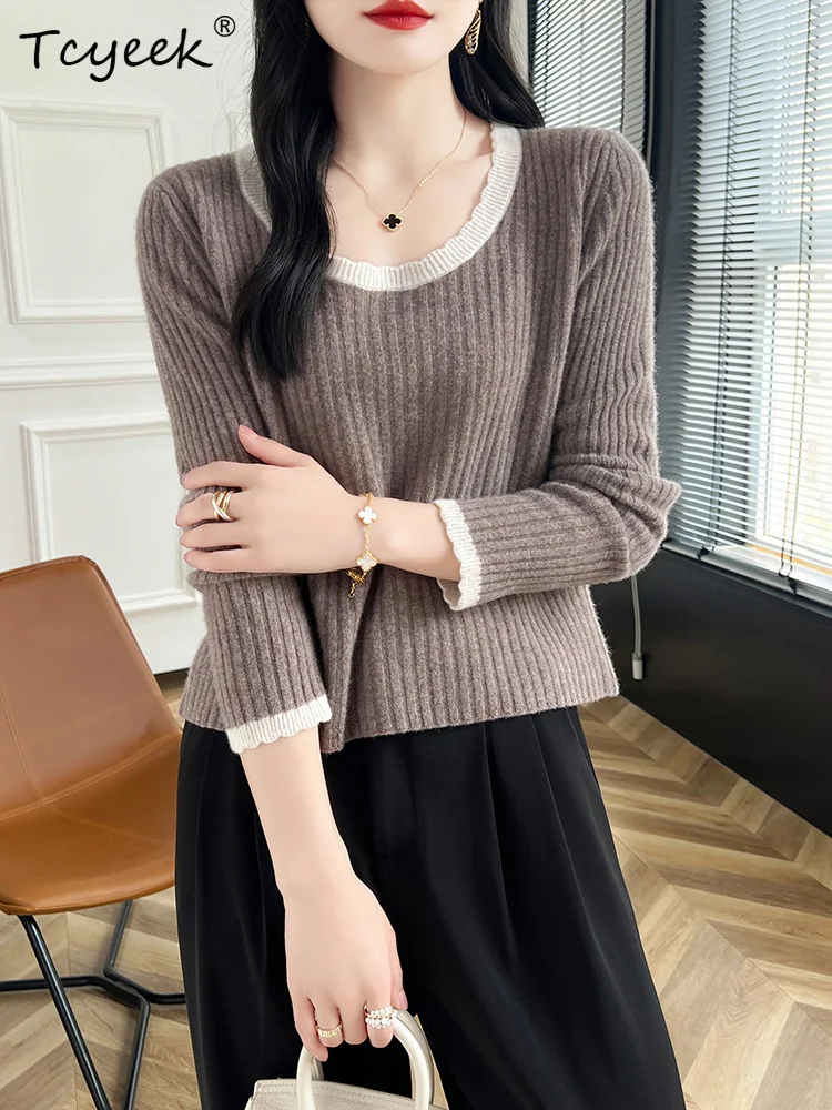 

Tcyeek, 100%Pure Wool Elegant Sweaters, Women O-Neck Bottom, Fashion Short Knitted Pullovers, 2024 Autumn Winter New T48256QM