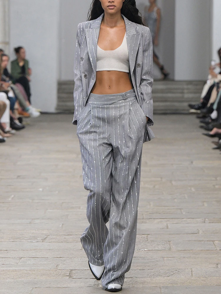 

Women Pants Two Piece Sets Women Gray Rhinestone Single Button Blazer + Sparkle Striped Diamonds Pants Suits Evening Party Club