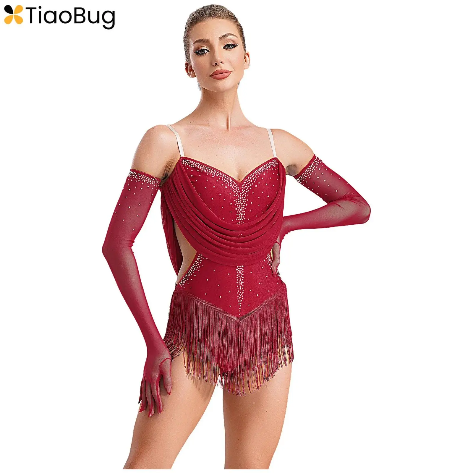 

Womens Tassel Latin Jazz Dance Leotard Glittery Rhinestones Adjustable Straps Fringed Ruched Mesh Drapes Bodysuit+Gloves 2Pcs