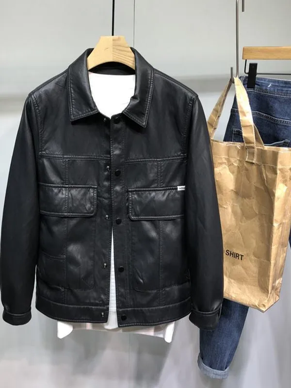 

Повседневная мужская куртка из искусственной кожи, весенне-осенняя модная корейская рабочая одежда, байкерское пальто, верхняя одежда с отложным воротником