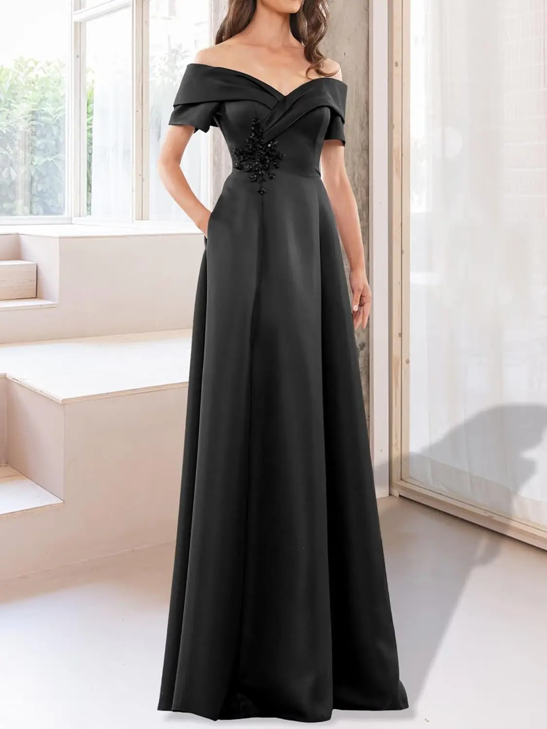 Strapless Satin Mother of The Bride Dresses A Line Beaded Floral Long Wedding Guest Gowns for Women with Pockets