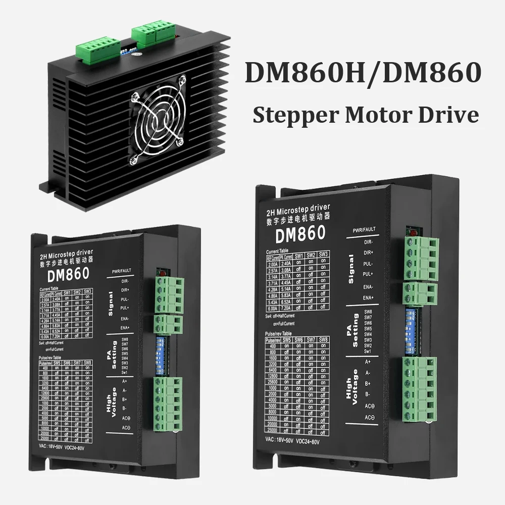 

DM860H DM860 Привод шагового двигателя 0-200 кГц 2-фазный контроллер шагового двигателя AC18-80V или DC 24-110V подходит для шагового двигателя Nema34