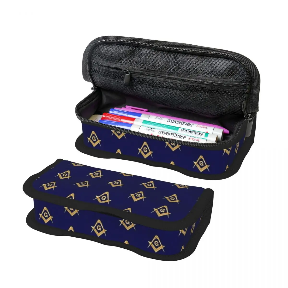 Freemason Pattern Gold Blue Square And Compass Masonic Pencil Case School Pen Box Pencil Bag Stationery Supplies Pen Holder Bag