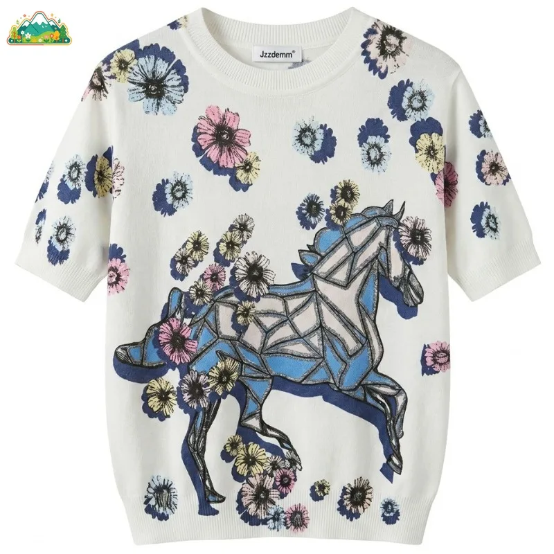 Summer Fashion Cartoon Pony Flower Printed Women's Hoodie Comfortable Round Neck Knitted Shirt Breathable Short Sleeve for Girls