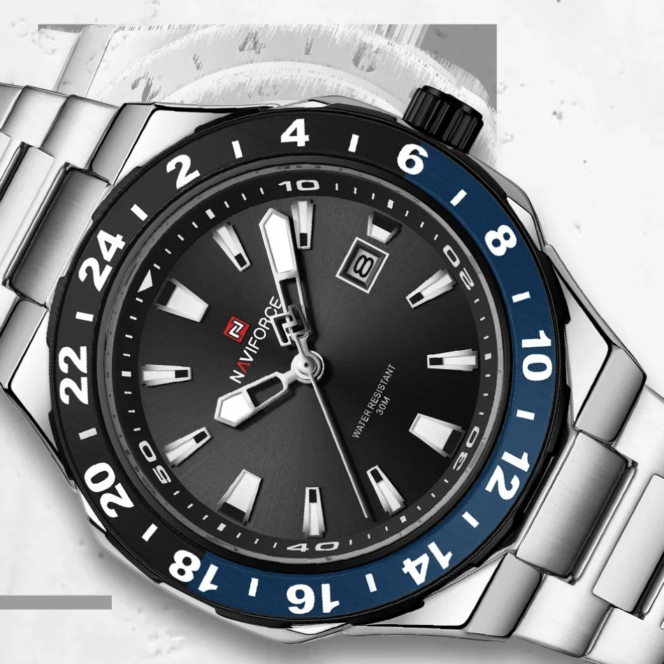 NAVIFORCE 高級スポーツクォーツ時計発光カレンダー腕時計男性用ステンレス鋼防水腕時計レロジオ Masculino