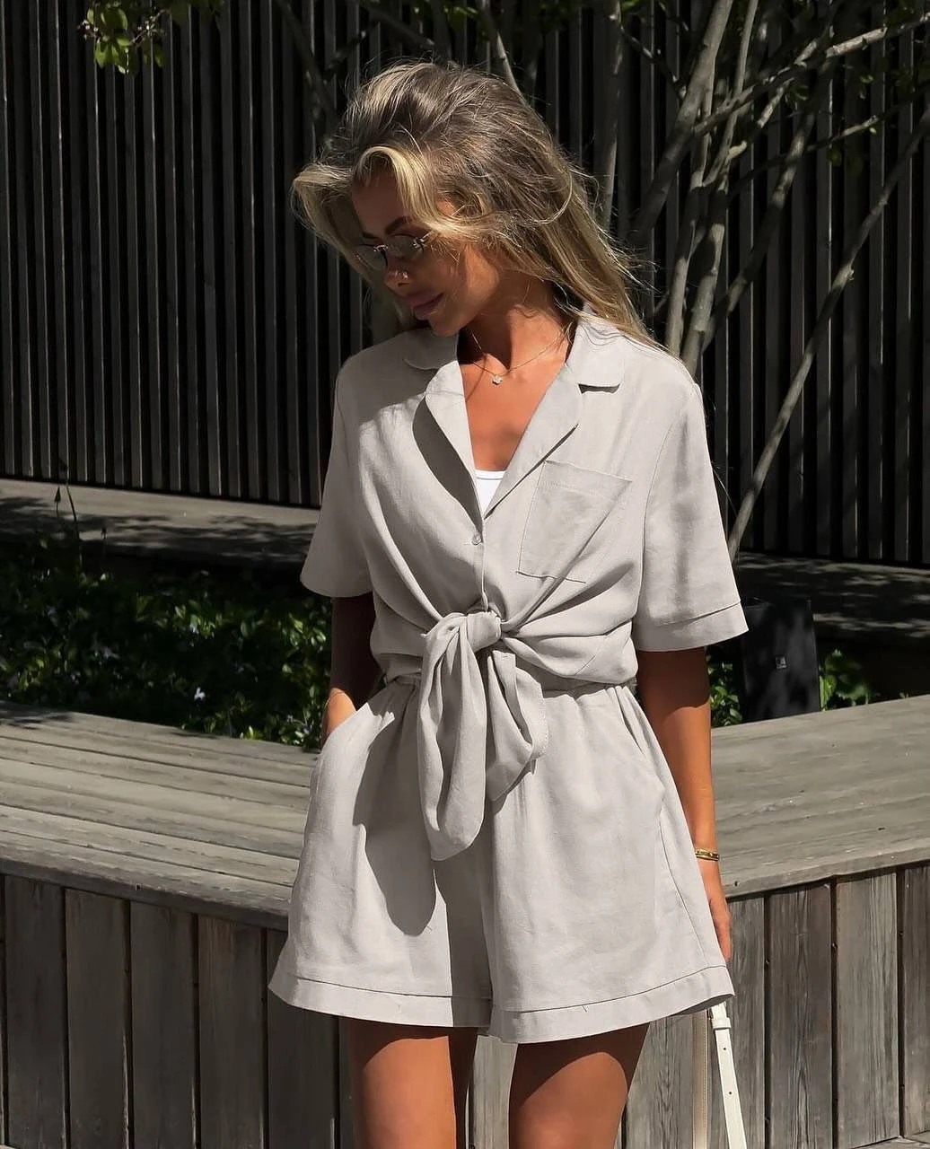 Fashionable Casual Loose Short Sleeve Shirt And Shorts Set Women's Summer Polyester Two-Piece Suit Button-Up Collar