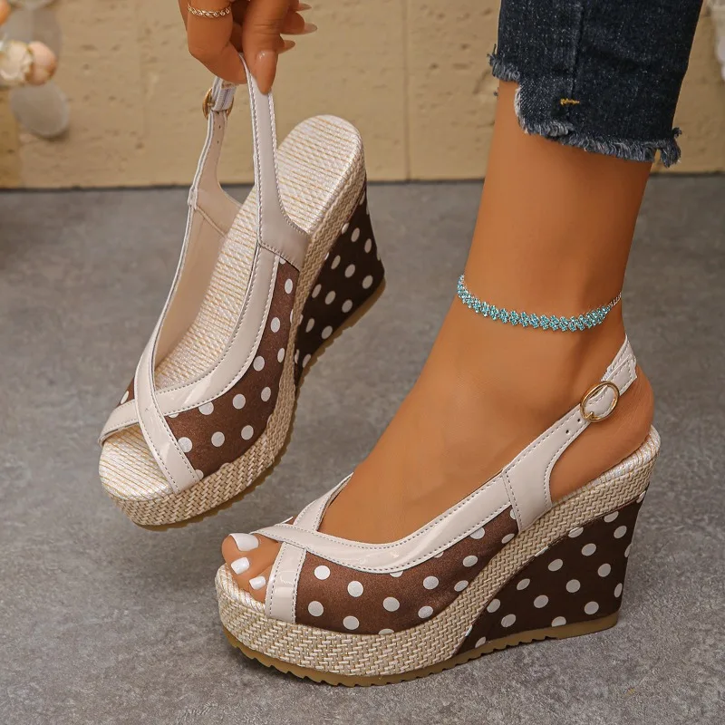 Women's Polka Dot Super High Heels Sandals 2026 New Thick Soled Wedge Woman Sandals Ankle Buckle Non-slip Summer Women Shoes