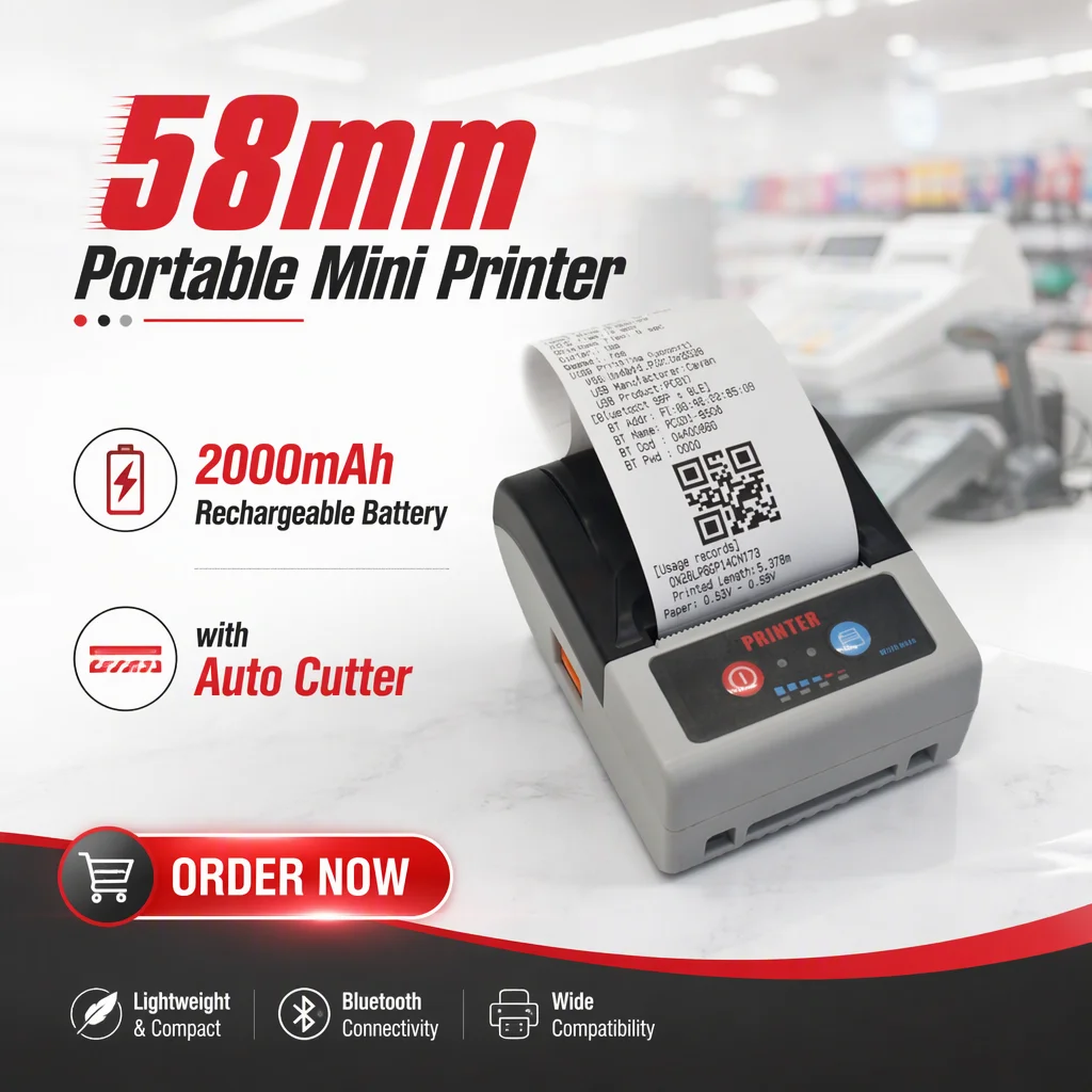 58mm Portable POS Bill Printer Mini Thermal Receipt & Label Barcode Printer with Rechargeable Battery for Retail
