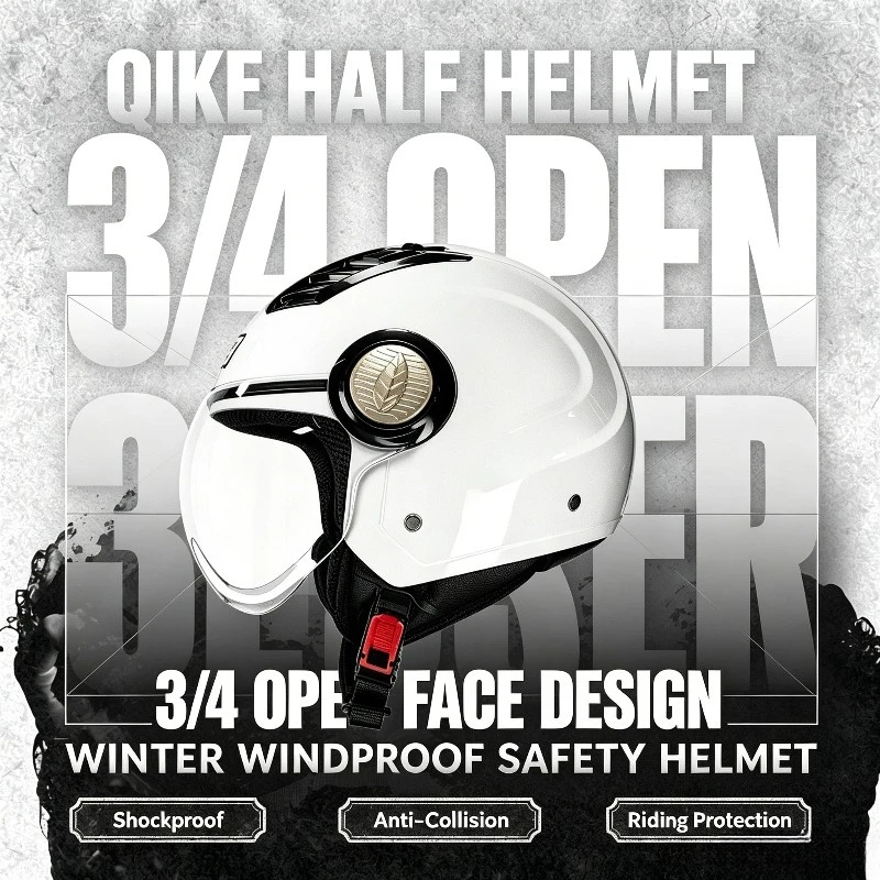 QIKE Unisex 3/4 Open-Face Half Helmet Retro Stylish Motorcycle Winter Windproof Anti-Collision Safety Crash Helmet