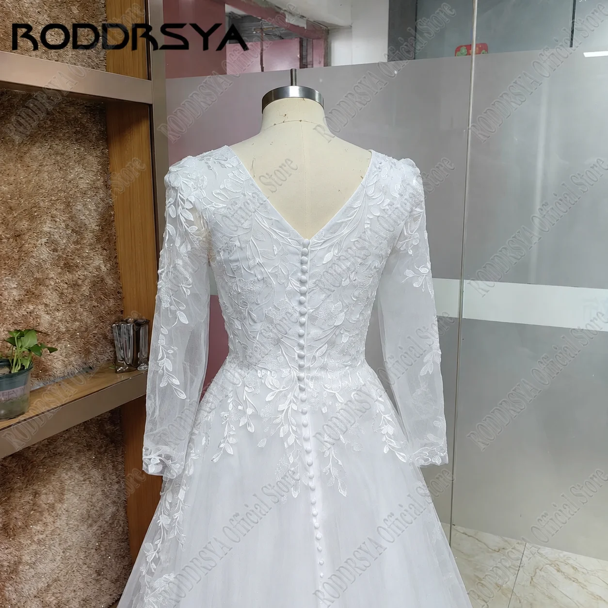 Roddrsya muslimische volle Ärmel Hochzeits kleid Applikation Spitze V-Ausschnitt Zivil Brautkleider Sweep Zug Vestido de Novia angepasstRODDRSYA Muslim Full Sleeve Brautkleid Applique Spitze V-Ausschnitt Zivil Brautkle – Detail 15