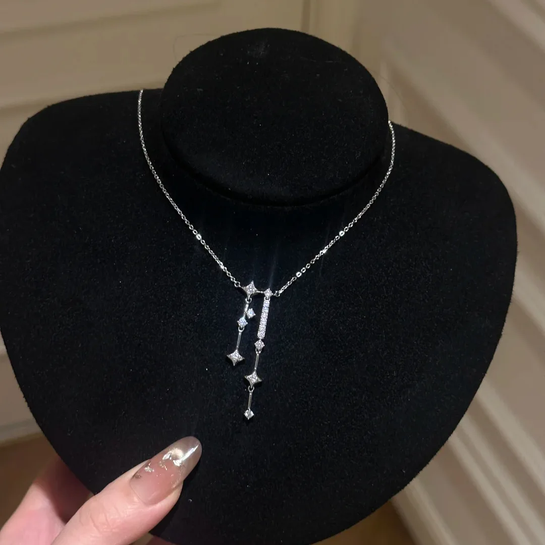 S925sterlingsilver necklacefashionlight luxury star fringed necklace full of diamonds temperament pendant collarbone chain women