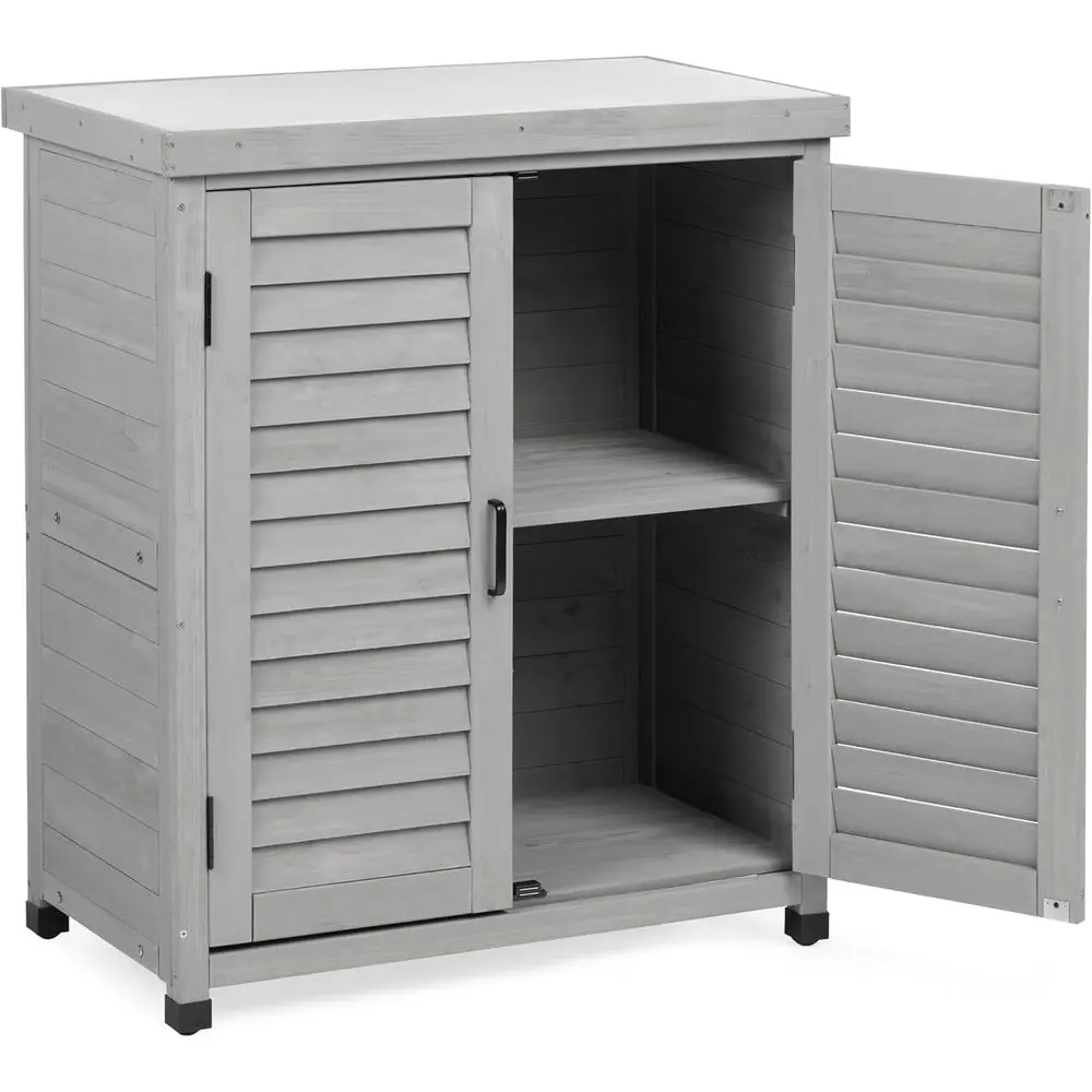 Outdoor Storage Cabinet Metal Tabletop Garden Workstation Metal Work Surface Ample Storage Capacity Natural Wood Construction Ga