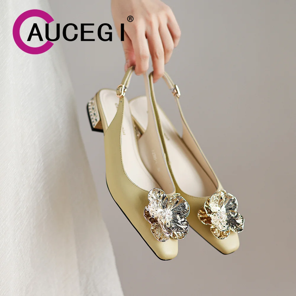 Aucegi Fashion Genuine Leather Rhinestone Studded Chunky Heel Women Pumps Slingbacks Buckle Square Toe Design Elegant Shoes