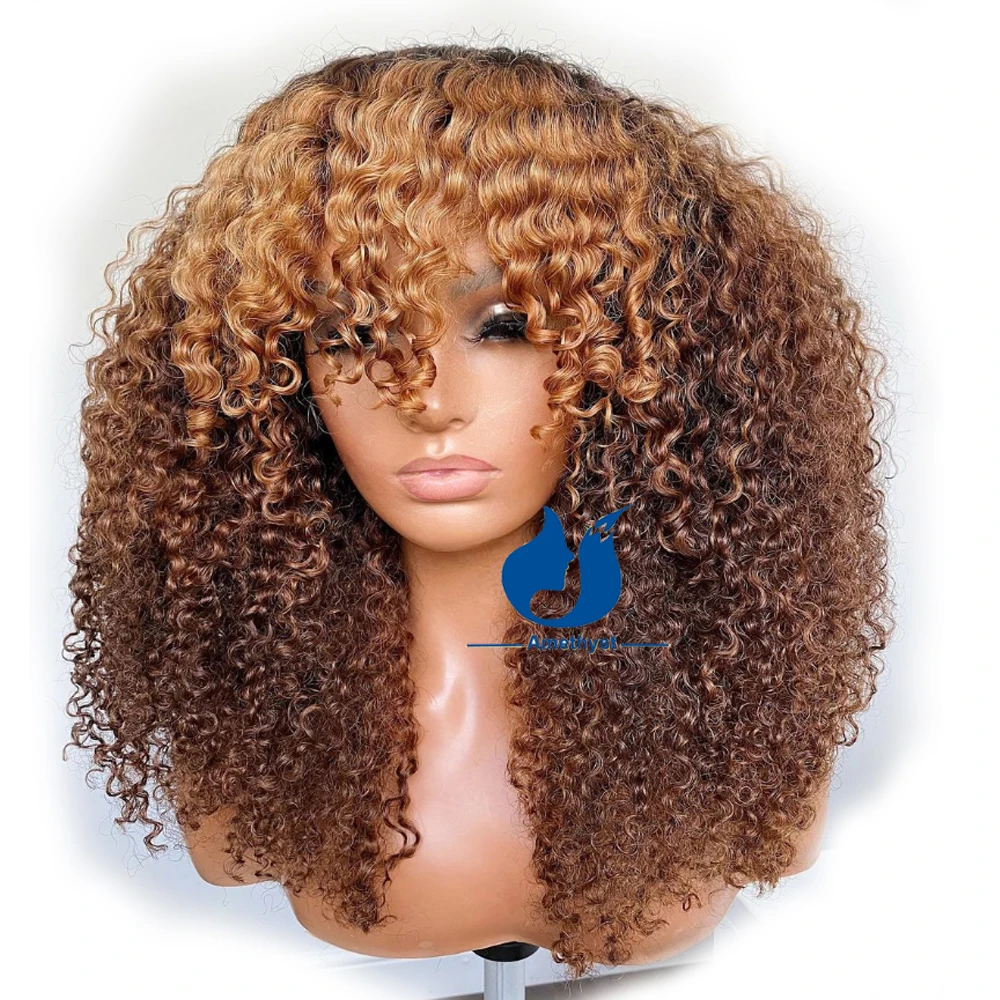 Honey Blonde Deep Wave Curly Scalp Perucas, 130% Densidade, Perucas de Cabelo Humano, Wear and Go, None Lace, Peruca com Bang para Bla, Top Bangs