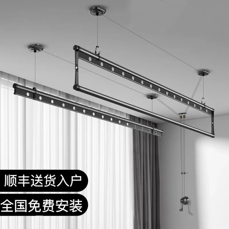 Lifting drying rack Balcony Household double pole hand-cranked clothes drying rod Indoor manual drying rack can dry quilt