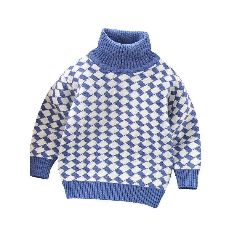 Boys\' Sweater Children\'s High Neck Sweater Autumn and Winter Plaid Baby Plush Thickened Winter Bottom Boys Underlay Sweater