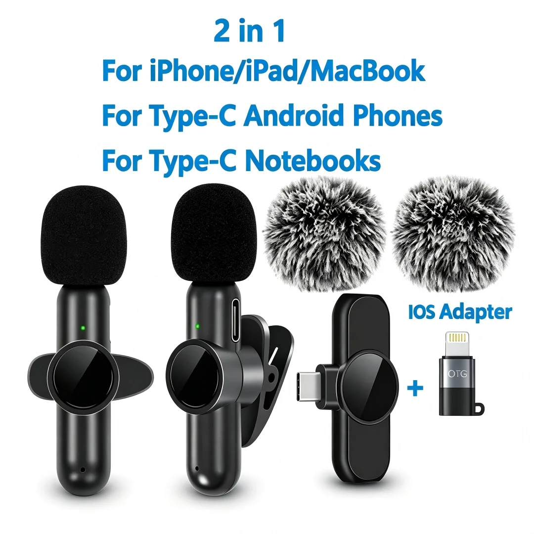 2in1 Basix Professional Wireless Lavalier Microphone Long Battery Life for iPhone Android for Live Recording Noise Cancelling