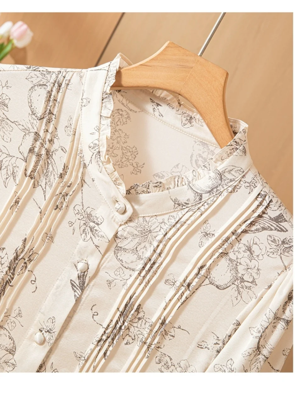 High Quality Printed Real Silk Shirt for Women 2024 New Floral Wooden Ear Long Sleeve Temperament  Small