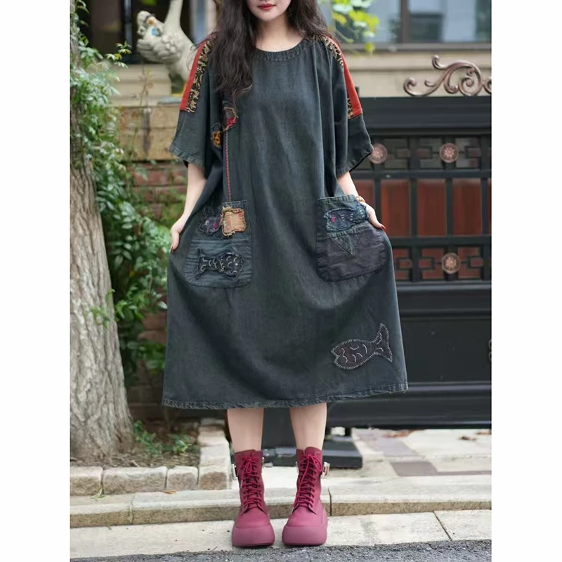 Vintage Embroidery Double Pockets Cotton Denim A-line Dresses XT115 New Arrival Summer Arts Style Women O-neck Loose Long Dress