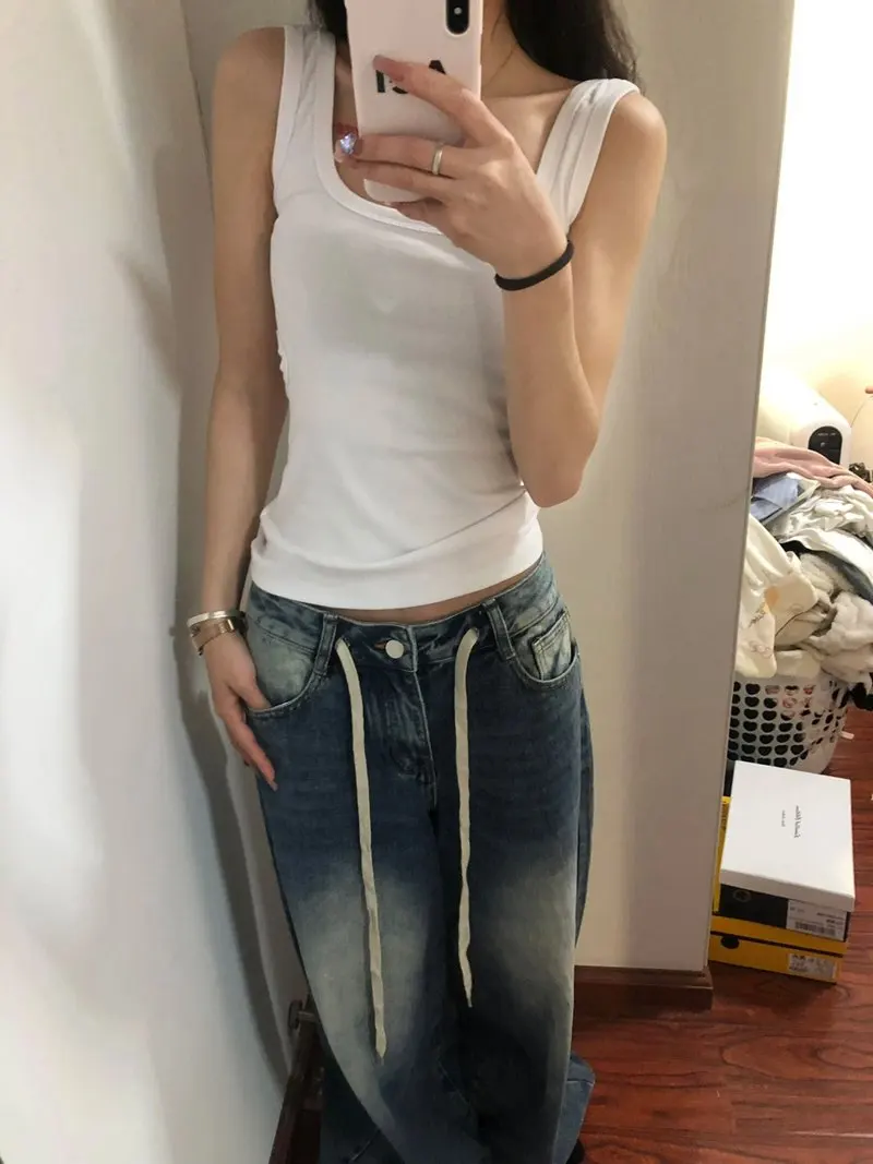 Jeans para meninas y2k mulher bolsos denim preto moda estilo coreano vintage cintura alta baggy perna larga namorado harajuku bolso