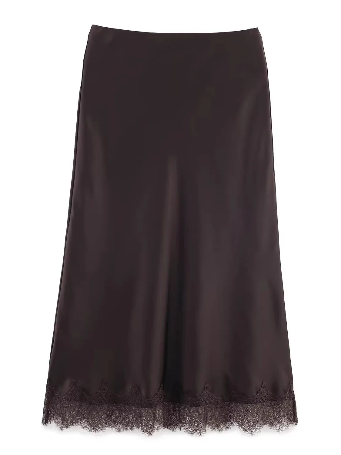 Nieuwe Collectie Herfst 2025, Dames Kanten Rand Zijde Satijn Textuur Midi Rok Hoge Taille A-lijn Slim Fit Pendelen Sle Vrijetijdskleding