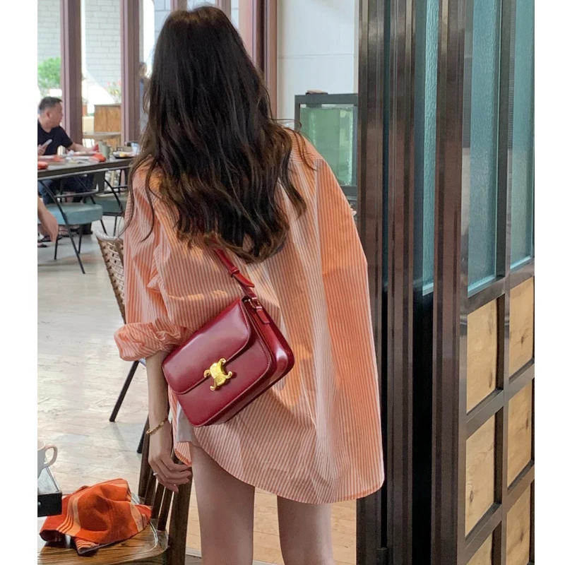 Ele Orange rayé irt Long Sve femmes printemps automne haut de gamme sentiment fée Design coréen Sle col boutonné