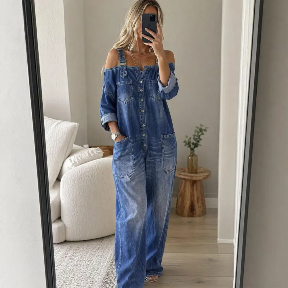 Summer Denim Jumpsuit for Women,Off Shoulder Stretchy Denim Overall,Adjustable Strap Wide Leg Jeans Romper with Pockets