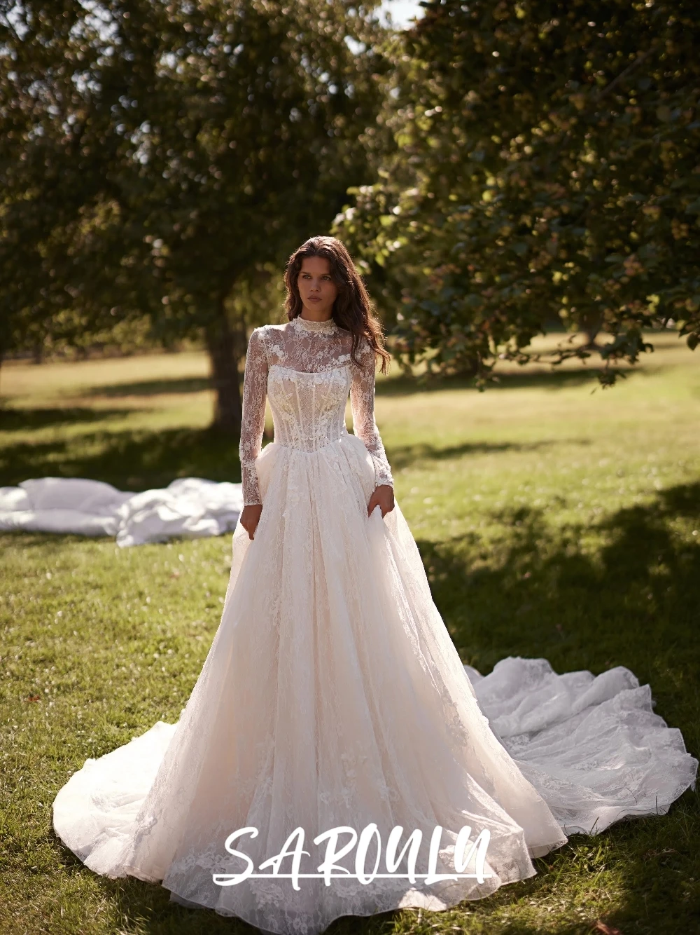 متواضع فستان الزفاف بأكمام طويلة رشيقة الدانتيل يزين تخصيص قطعتين شعبية ألف خط مشد ثوب الزفاف وصول جديد #1