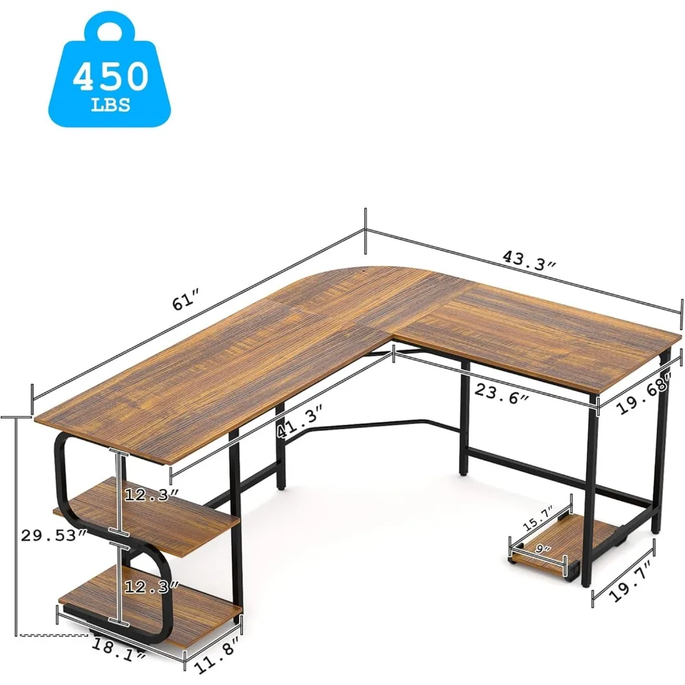 Reversible L Shaped Desk with Large Surface, 61 Inch Sturdy Corner Desk with Storage Shelves, Premium Office Computer Desk