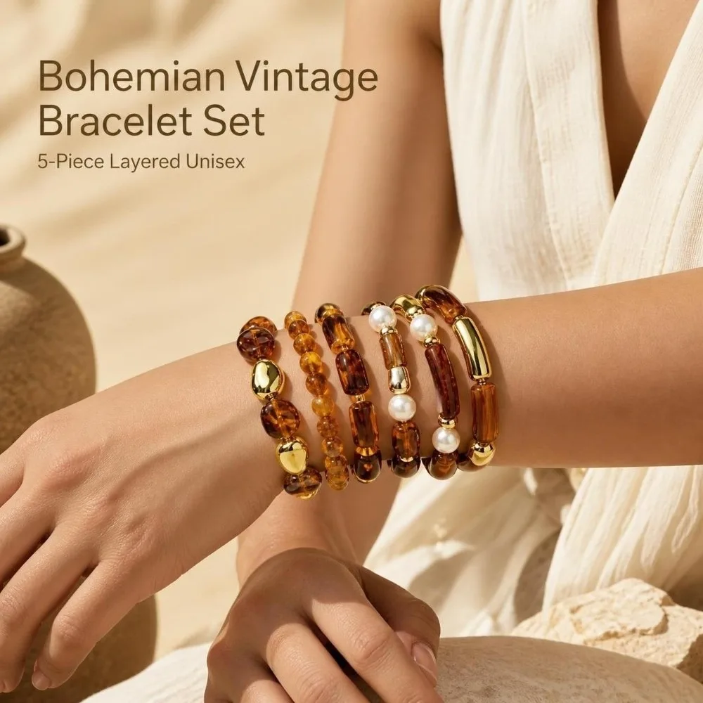 5pcs Vintage Boho Beaded Bracelet Set ‌Stackable ‌Tortoiseshell Bangle Bracelet Set Brown Handmade Wristband Jewelry Daily Wear