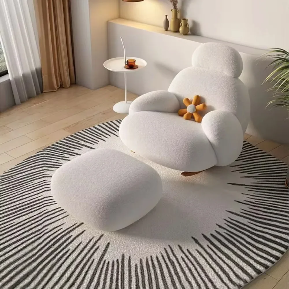 Nordic Modern Appartement Woonkamer Witte Stof Schommelen Luie Stoel Pluche Gestoffeerde Fauteuil Sofa Stoelen Met Kruk