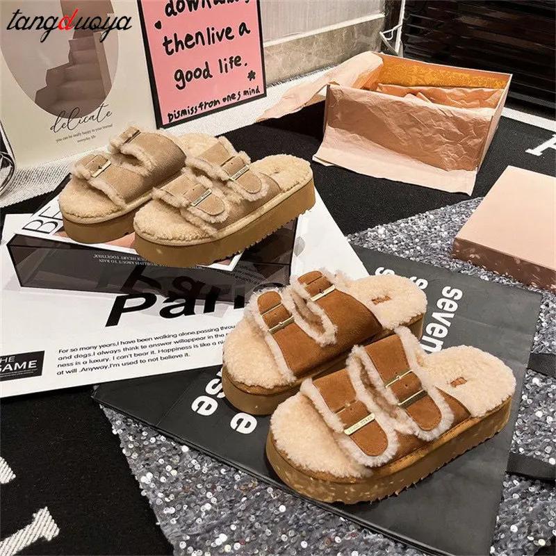 Round Toe Belt Buckle Women Slippers Fashion retro brown plush slippers Winter new Flat Sole Modern Slippers  Women Casual mules