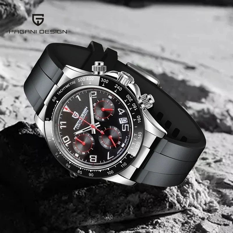 PAGANI DESIGN PD1687 Men’s Luxury Quartz Chronograph Watch, Japan VK63 Movement, AR-Coated Sapphire Crystal, Rubber Strap, 100M