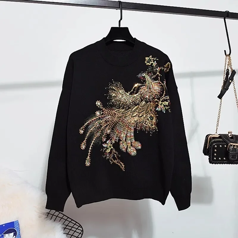 

Heavy Work Phoenix Embroidery Knitted Tracksuits Women Casual Outfits Loose Black Knit Pullover Sweater Pencil Pants Set Female