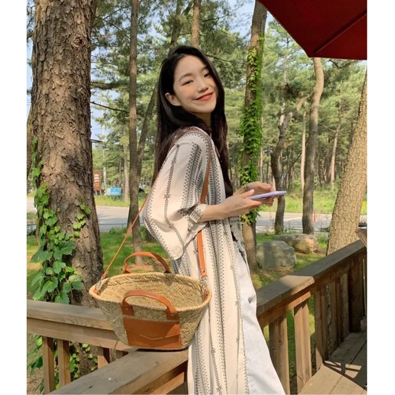 

Ретро-халат с этническим принтом, длинными рукавами, свободного кроя, с разрезами, повседневный, универсальный, с защитой от солнца, для женщин