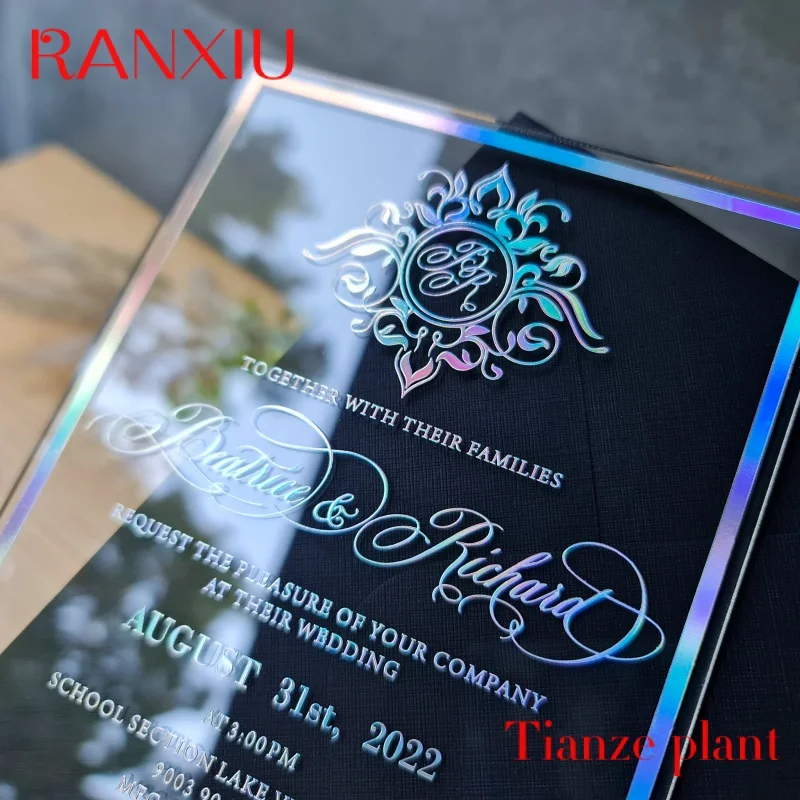 

Custom Holographic Iridescent foil printed Acrylic Wedding Invitation foil and envelopes color