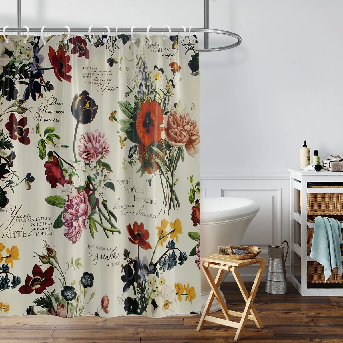 1PC retro flowers pattern printed shower curtain, waterproof and washable, with 12 hooks, bathroom showers, bathtub, home use