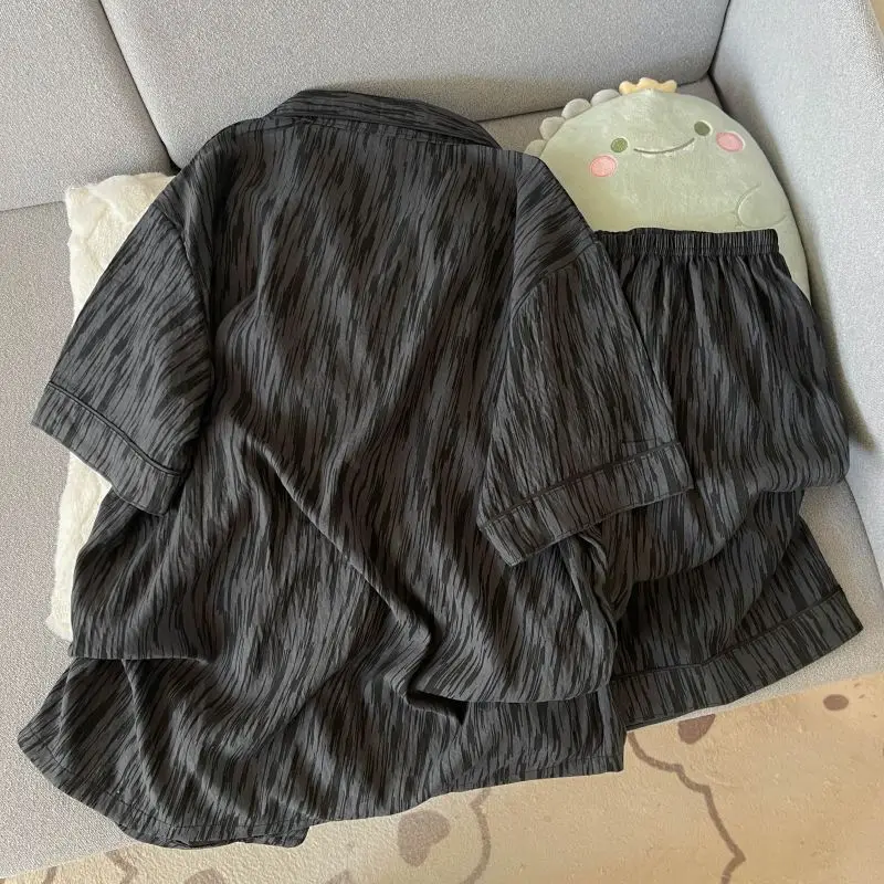 New Women's Summer Short Sleeved Solid Black Striped Pajamas Homewear Ladies Casual Home Clothes College Student's Nightwear
