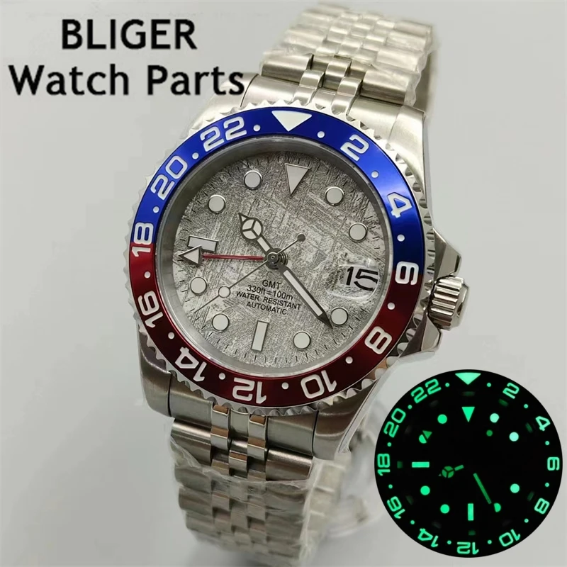 BLIGER 40mm NH34 Gray Meteorite Watches GMT For Men Blue Red Bezel With Green Luminous Sappire Glass Oyster/Jubilee Bracelet Dat